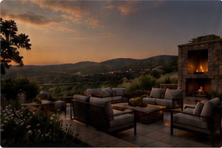 An outdoor terrace at dusk overlooking hills, with refined seating and a fireplace.